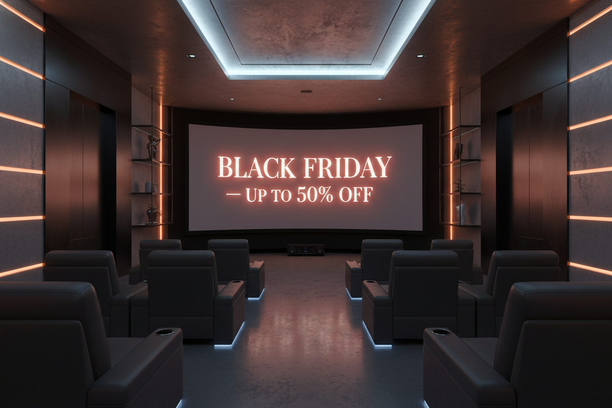 Black Friday banner inside a futuristic home cinema. Use sleek, modern, thin typography, perfectly integrated into the scene. Text centered on the screen in elegant white letters with a soft red ambient glow.
Write: Black Friday — Up to 50% OFF
No bold fonts, no blurry glow, no thick letters.
Style: premium, cinematic, minimalist.